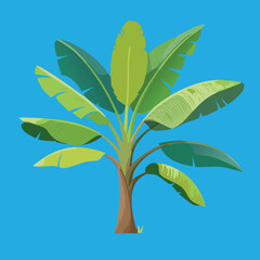 A sleek, modern graphic art representation of a banana tree, featuring vibrant yellow bananas and bold green leaves.