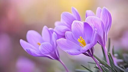 Spring purple crocus flowers blooming in garden, soft focus background, nature photography for website header