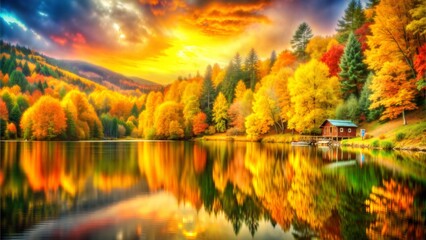 autumn landscape with lake and sunset