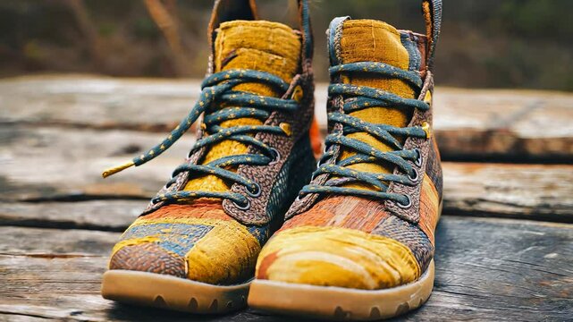 Rustic high-top boots made of patchwork fabric in earthy tones with textured details, thick soles, and patterned laces, placed on a weathered wooden surface.