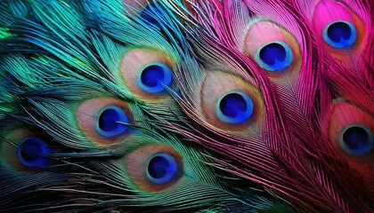 Fototapeta premium A vibrant and detailed textured background created by a close-up of peacock feathers, showcasing intricate eye-like patterns with a rich palette of blue, green, and pink hues.