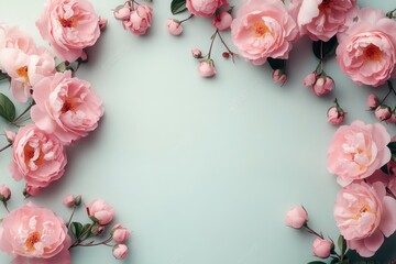 Floral Composition with Roses and Peonies in Pastel Pink Background Romantic Love Inspired Design