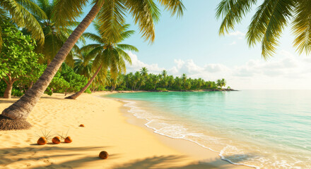 Fototapeta premium Idyllic beach with crystal-clear water and palm trees