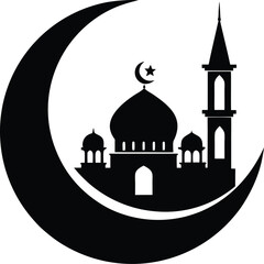 Islamic Crescent Moon and Mosque Black Silhouette Vector Design