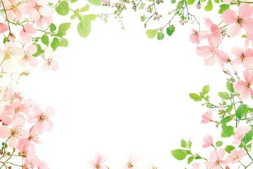 Fototapeta premium Delicate floral border, soft pink cherry blossoms, green leaves, watercolor style, spring theme, white background, botanical illustration, pastel colors, dreamy atmosphere, subtle textures, Japanese-i