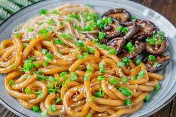Udon Noodles with Soy Unagi Sauce, Mushrooms, and Green Onion