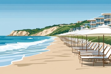 Obraz premium A picturesque beach scene featuring umbrellas and lounge chairs