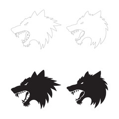 Fierce Growling Wolf Face Silhouettes. Fully editable Flat and Outline.