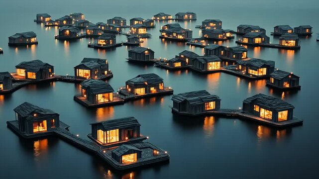 Illuminated Floating Houses on Calm Waters at Dusk