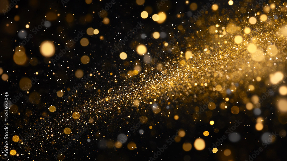 Poster a black background filled with many gold bokeh and glitter particles creating a magical effect