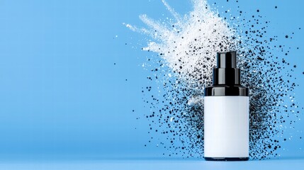 Black Bottle with White Label and Exploding Particles on Light Blue Background