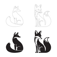 Sitting Fox with Fluffy Tail Silhouettes. Fully editable Flat and Outline.