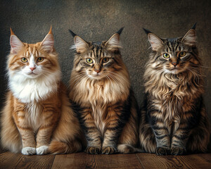 Three longhaired cats sitting side-by-side, showcasing different fur colors: ginger, brown tabby, and dark tabby. Image represents feline elegance and companionship.