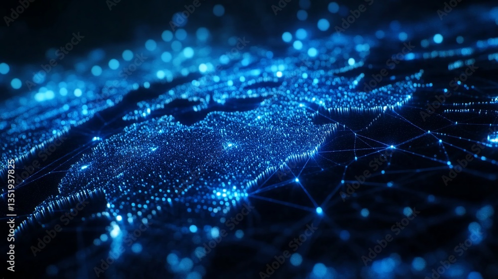 Poster a glowing blue network of digital dots forms a map-like structure on a dark surface