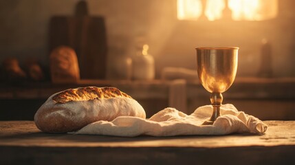 Obraz premium Rustic Table Setting with Freshly Baked Bread and Vintage Cup in Warm Light Highlighting a Cozy and Inviting Atmosphere for Culinary Scenes