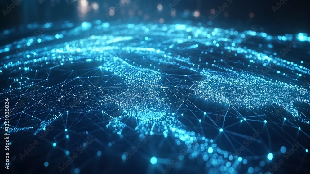 Poster abstract blue network with dots and connections illuminating the digital data landscape