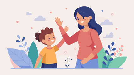 Illustration of mother and child giving high five, family love and care concept art. Happy Mothers Day illustration..