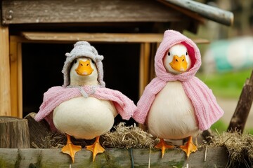 Ducks wearing cozy sweaters in a warm setting