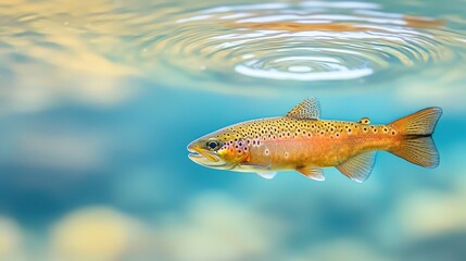 Naklejka premium Brown trout swimming gracefully in clear water with smooth ripples and soft colorful reflections, showcasing vibrant colors and intricate patterns on its body