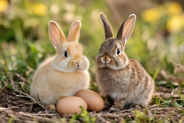 Obraz premium Cute rabbits with eggs on a sunny spring day