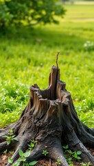 Stump of a felled tree, sprouting new growth in a lush green field, landscape, regeneration, life
