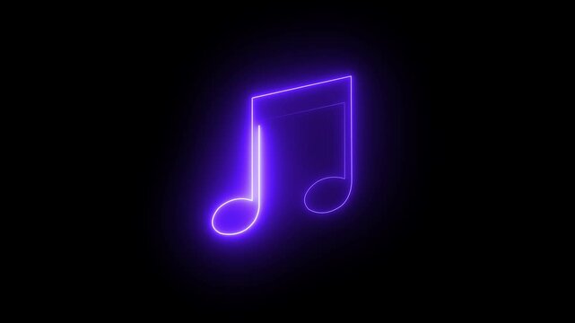 . Glowing neon music icon animation with single musical note on black background