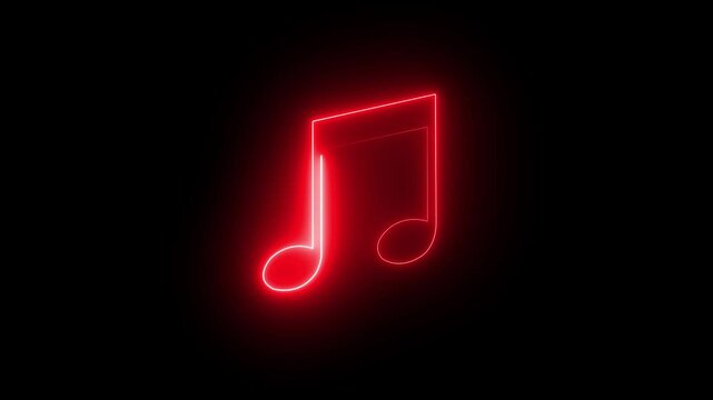 . Glowing neon music icon animation with single musical note on black background