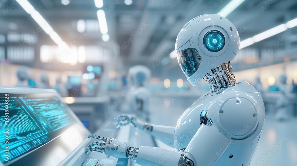 Poster humanoid robot working on a computer in a futuristic factory.