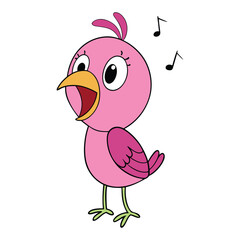 A charming pink bird perched on a branch, singing a joyful melody, with vibrant feathers shimmering in the sunlight, spreading happiness through its sweet song.
