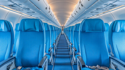 Fototapeta premium Interior of a modern airplane featuring blue seats and a spacious aisle