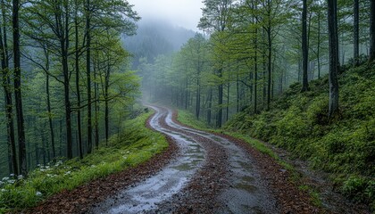 Obraz premium Misty Forest Road: A Serene Journey Through Verdant Woods