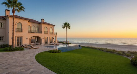 Obraz premium Luxury Beachfront Villa at Sunset with Pool and Ocean View