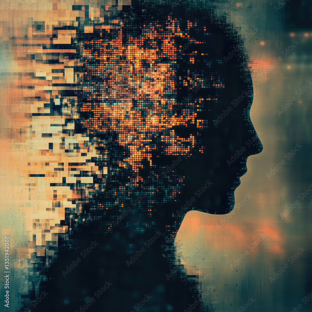 Poster dissolving faceless silhouette into digital pixels exploring privacy and anonymity in the digital ag