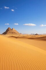 Pyramids and Sand Dunes: Majestic pyramids rise from the endless expanse of golden sand dunes under a bright blue sky with a few clouds. a sense of awe and wonder.