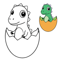 A newborn dinosaur hatches from its egg, cracking the shell open with tiny claws. Its eyes peek out curiously, revealing a fragile yet fierce little prehistoric creature.