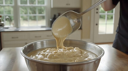 Man pouring batter into bowl in kitchen. Recipe preparation, cooking, home baking, food blog use