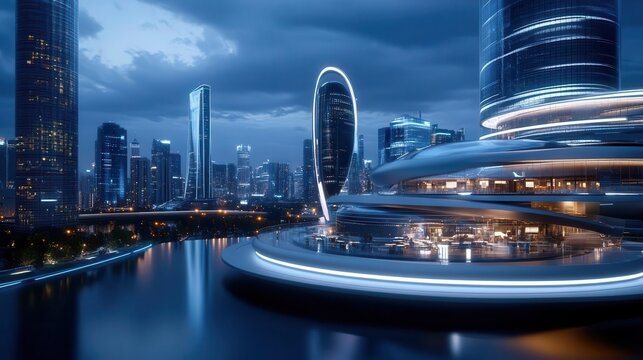 Futuristic cityscape with glowing lights and modern architecture.