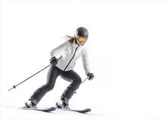 Obraz premium Woman skiing on snow with dynamic action and winter sports gear