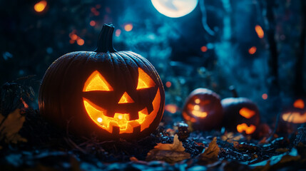 Obraz premium Illuminated jack o lanterns on ground with leaves under a full moon in a spooky halloween night scene