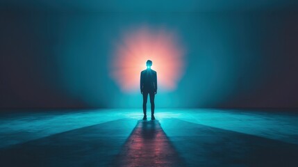 Fototapeta premium Silhouette of a Person Standing Alone in a Dimly Lit Space with Mystical Blue and Purple Light Emitting Behind Creating a Surreal Atmosphere