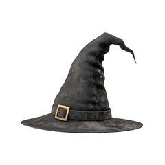Isolated black witch hat halloween costume accessory pointed cap with gold buckle for magic isolated