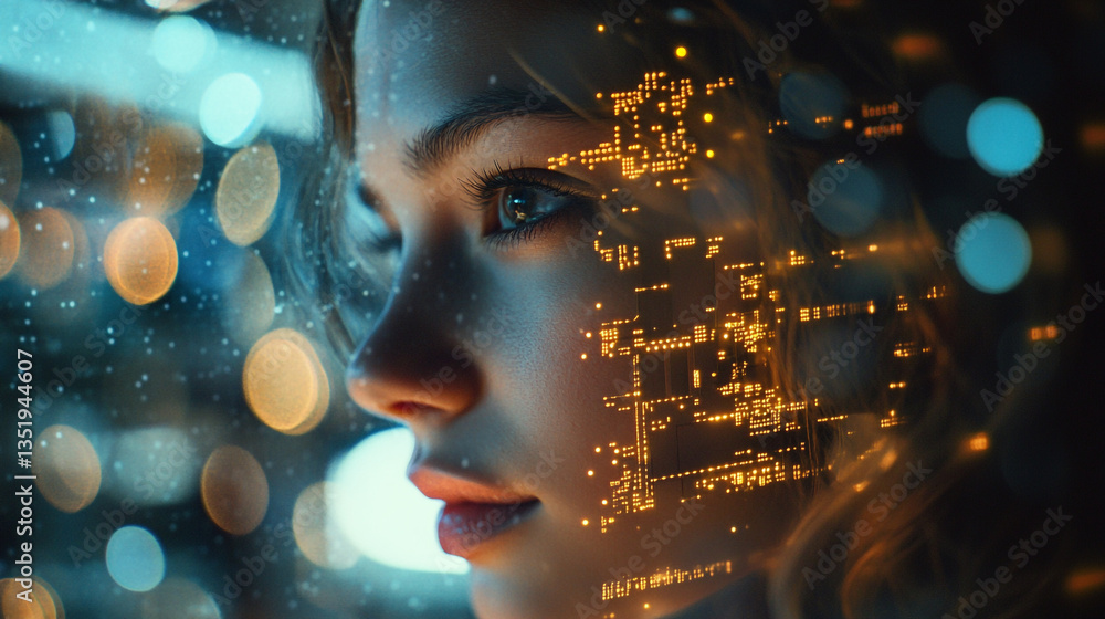 Poster close up portrait of a woman with digital circuit overlay and bokeh lights in the background