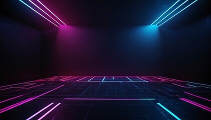 Neon Room: A futuristic room with vibrant neon lights and a geometric floor pattern, creating a striking visual effect and an atmosphere of modernity.