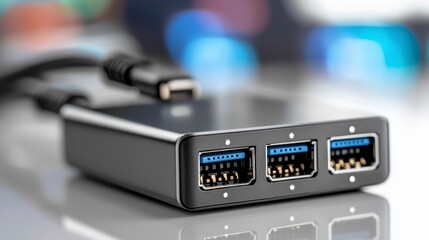 Black USB Hub with Two USB C Ports on Reflective Surface