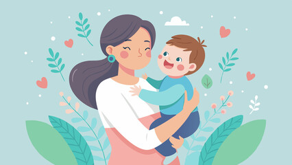 Illustration of mother holding child with hearts and plants for mothers day card. Happy Mothers Day illustration..