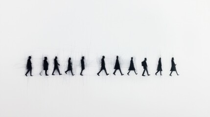Silhouettes of People Walking in a Minimalist Style with a White Background Depicting Movement and Progression in an Artistic and Creative Representation
