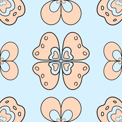 seamless pattern with funny cartoon birds This image features a seamless floral pattern with soft pastel colors. It consists of symmetrical, stylized flowers in shades 