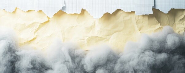 Jagged pieces of white graph paper at the top and bottom, with soft yellow paper sheets placed in between on a smoky gray background