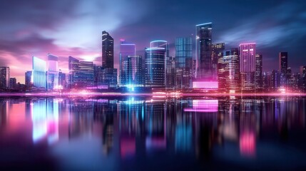 Naklejka premium Neon cityscape skyline reflected in water at night.