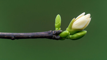 Spring blossom branch, garden, pale yellow flower bud, green background, nature photography